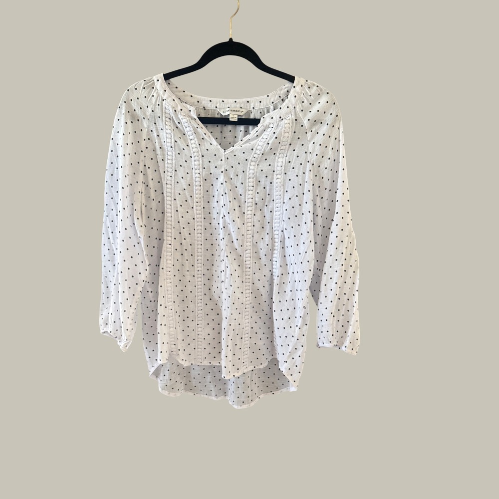 Counterparts Preppy White Polka Dot V-Neck Blouse Crochet Lace Trim 3/4 Sleeve L